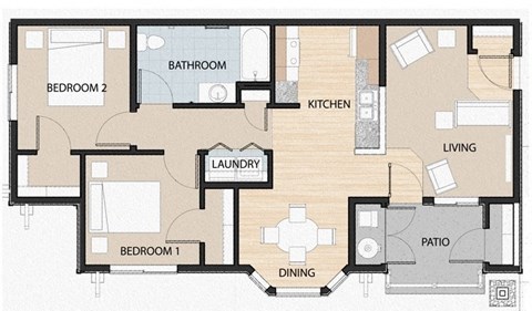 2 Bed 1 Bath Floor Plan